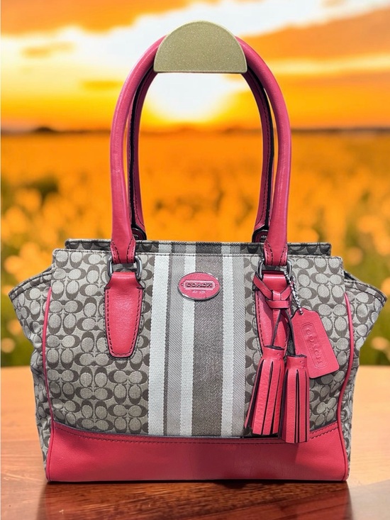 Coach Handbags - Coach Beige Signature Stripe East West Satchel